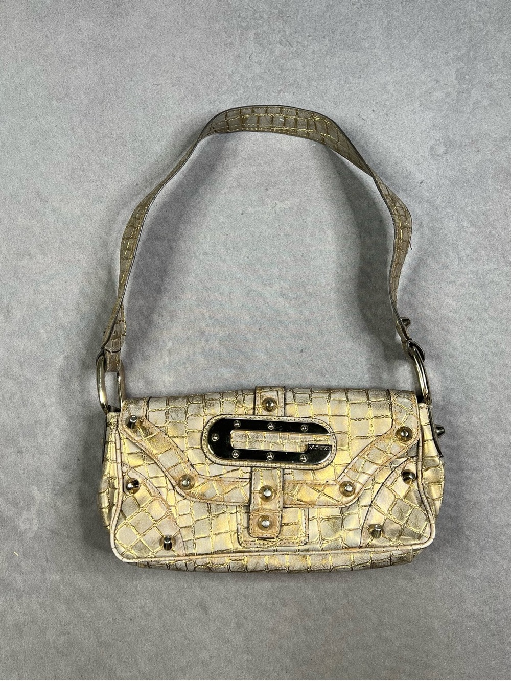 Y2K Guess Gold Textured Shoulder Bag with Stud Detail